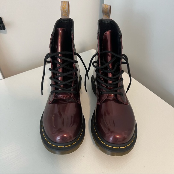 Dr Martens Vegan 1460 Chrome Boots In Oxblood — Chrome Paint Metallic - Picture 2 of 8